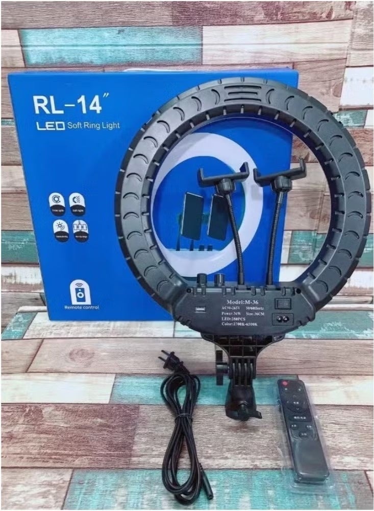 متجر سهل إضاءة حلقية RL-14 مقاس 14 بوصة مع حامل ثلاثي القوائم وجهاز تحكم عن بعد، إضاءة سيلفي LED لتسجيل الفيديو والبث المباشر والتصوير الفوتوغرافي، لون أسود - Image 4
